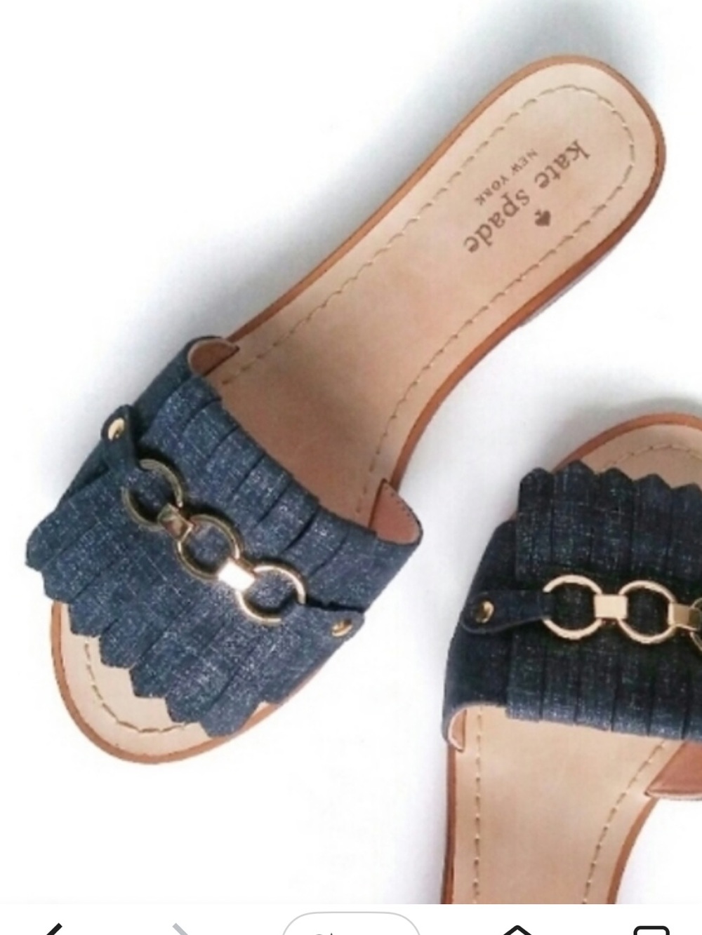 kate spade 11 Denim Fringe Slide Mules with Gold Chain